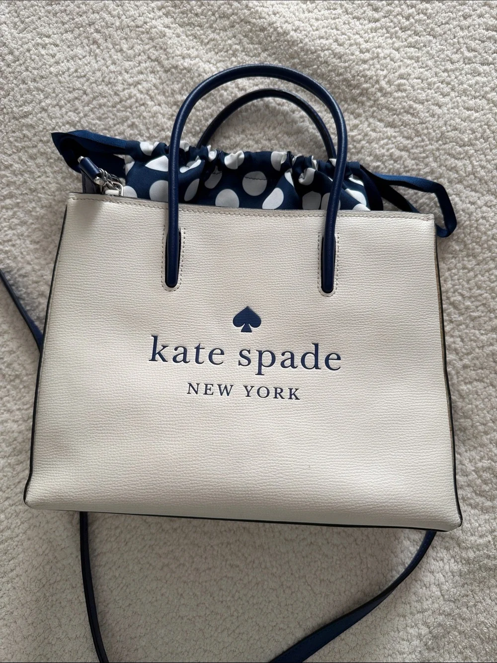 Kate Spade New York Trista Leather Shopper Tote w/Polka Dot Lining - Cream Navy